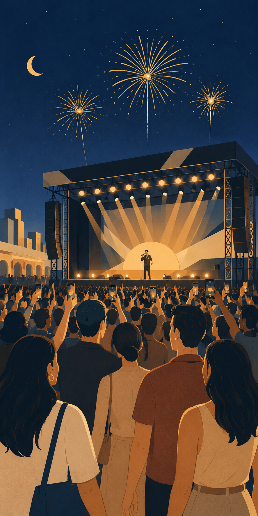 Live concert with crowd and fireworks